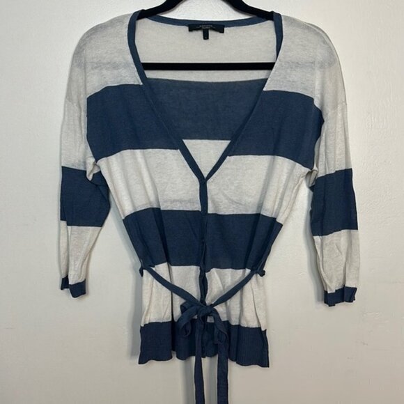 Weekend Max Mara Silk Linen Striped Tie Waist Nautical Button Cardigan - Picture 1 of 7